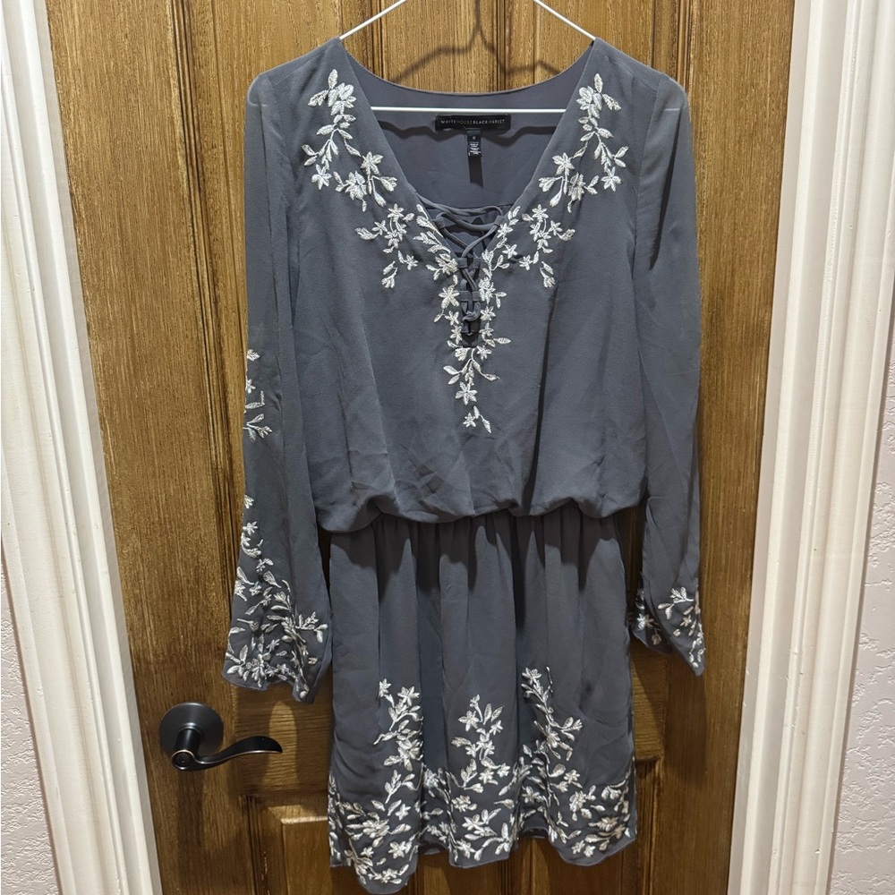 White House Black Market Gray Dress with White Embroidery BoHo and so Fall!
